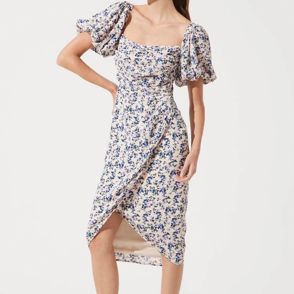 Astr Floral Puff Sleeve Dress - Blue and Cream